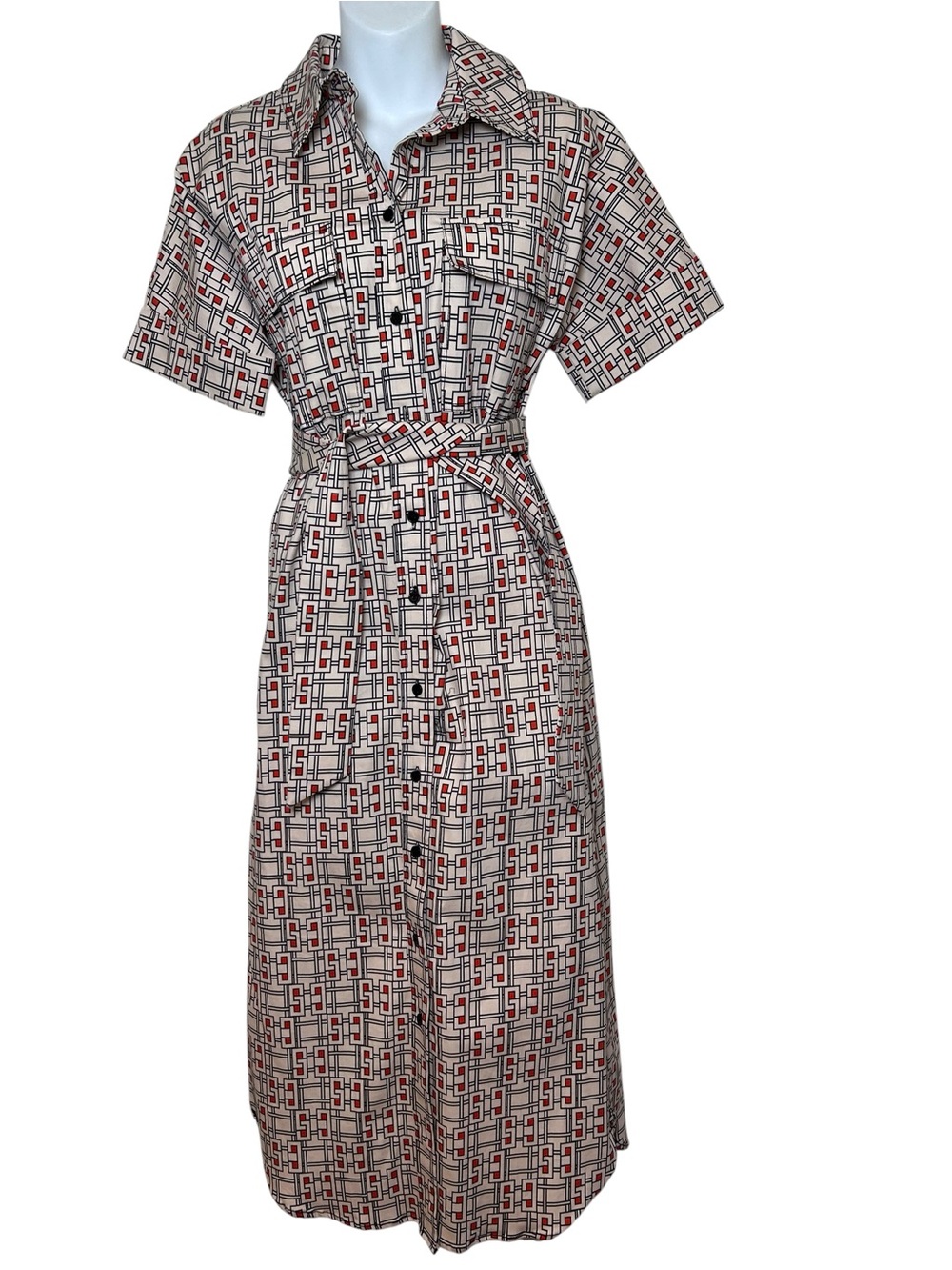 Monoprix France midi shirt dress size XS geometric retro 60s 70s career business